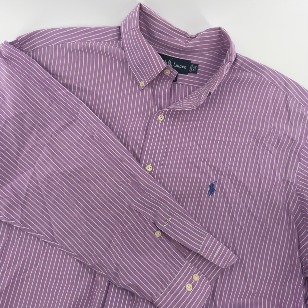 Ralph Lauren Yarmouth Mens Purple White Striped Button Down Shirt 16.5 32/33